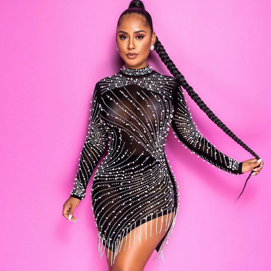 Heavy Industry Perlen Strass Stretch-Seitennaht Quasten Kurzarmkleid