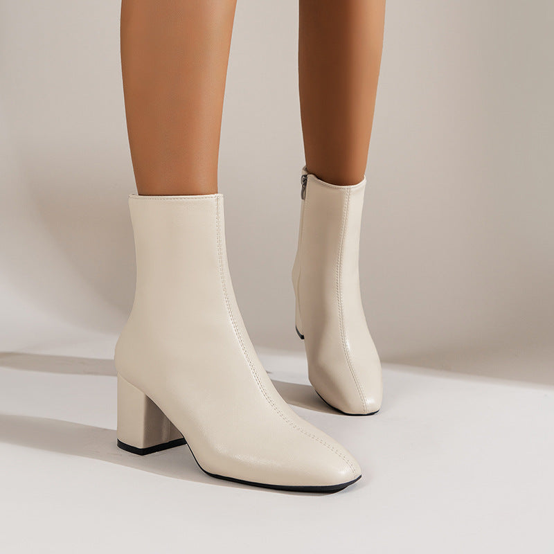 Stiefel mit klobigem Absatz und spitzer Zehenpartie und seitlichem Reißverschluss, modischer Stiefel bis zur Mitte der Wade für Damenschuhe