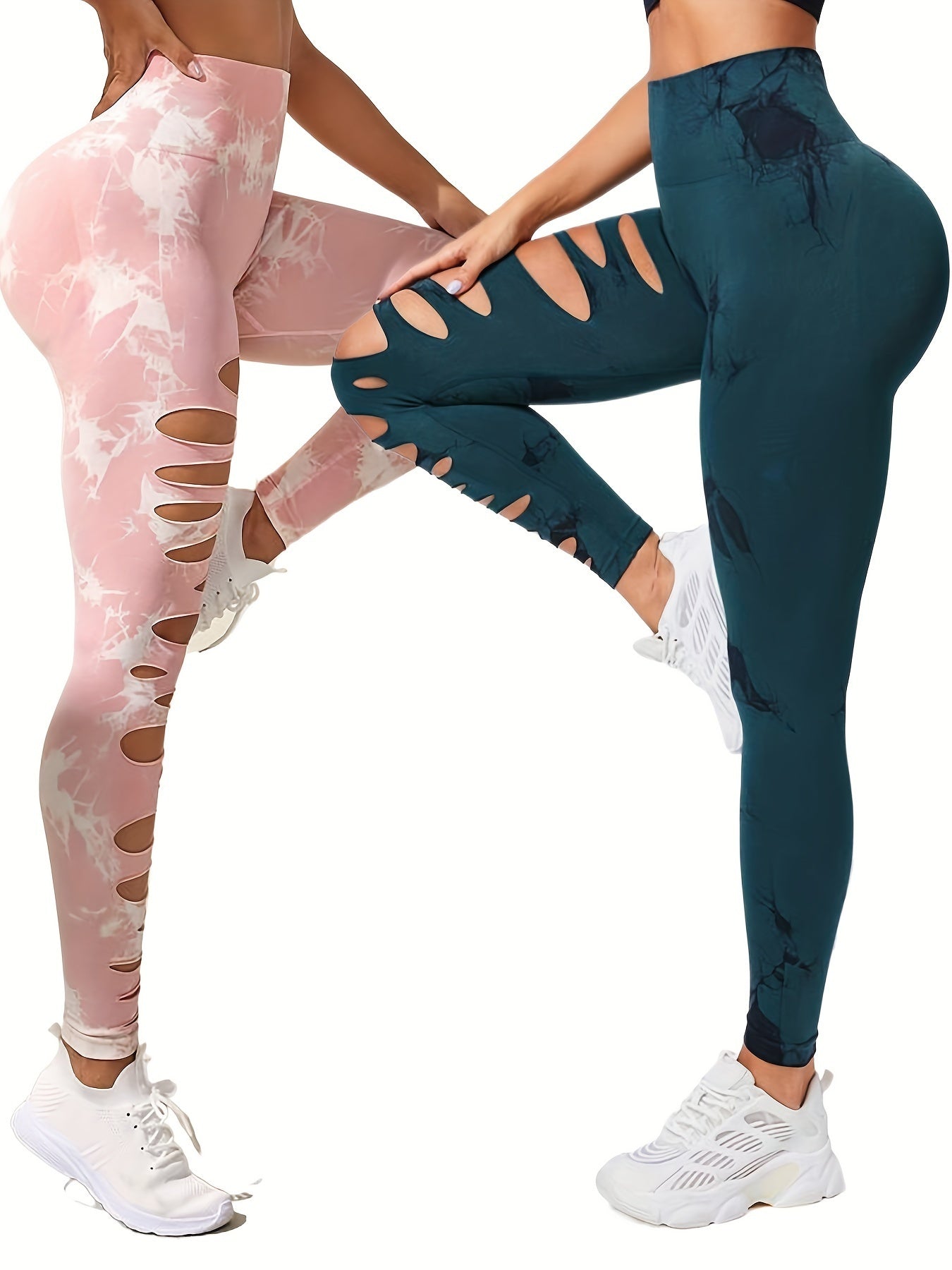 2er-Pack hohle, sexy, hochelastische Damen-Strumpfhosen mit Batikmuster und Ausschnitten, hohe Taille, Workout-Yoga-Leggings, elastische Scrunch-Po-Lifting-Hose, Bauchkontrolle, Po-Lifting, Workout-Yoga-Sporthose