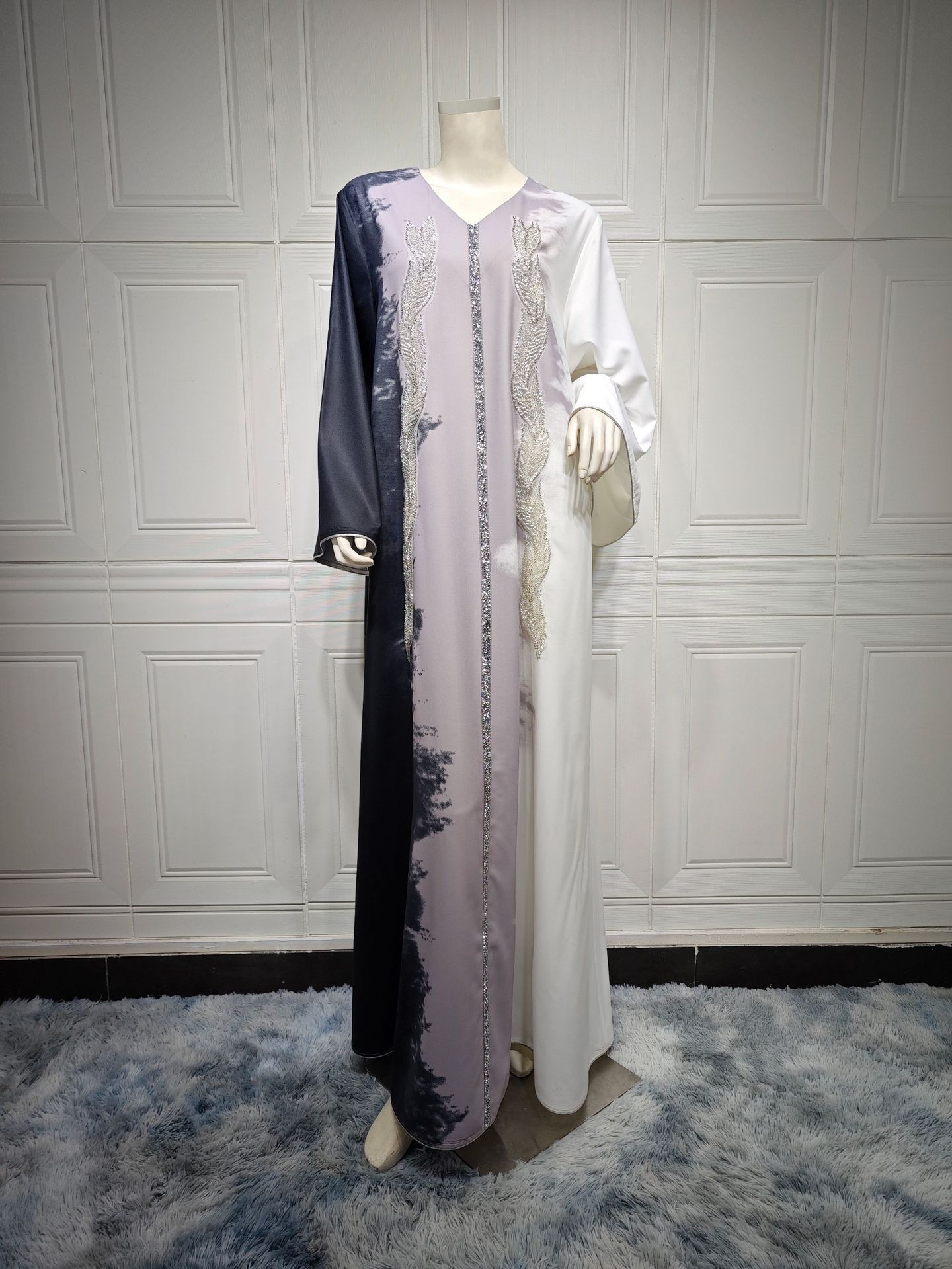 Robe Musulmane Broderie de Perles Teinture par Nouage Strass