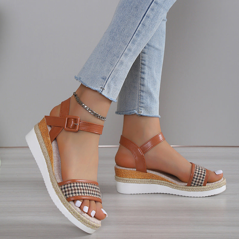 Hahnentrittmuster Sandalen Damen Sommer Schnalle Abendschuhe