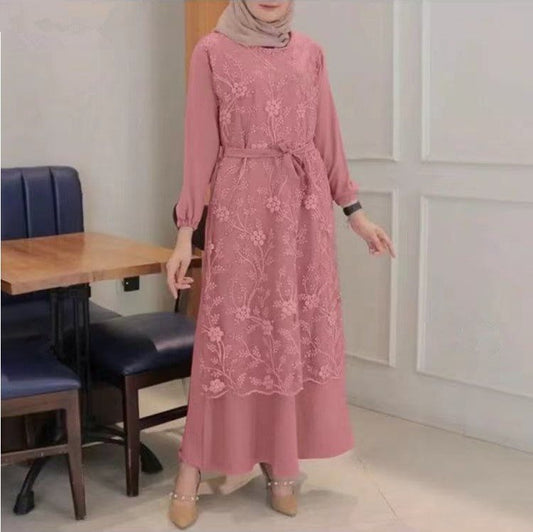 Stylish Muslim Round Neck Lace Floral Dress for Everyday Wear