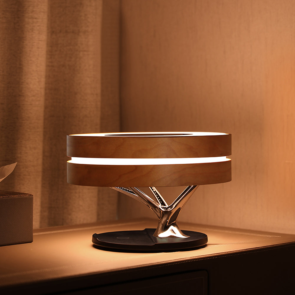 Lampe de chevet connectée intelligente et ronde avec haut-parleur Bluetooth, arbre lumineux LED WiFi et chargeur sans fil pour salon