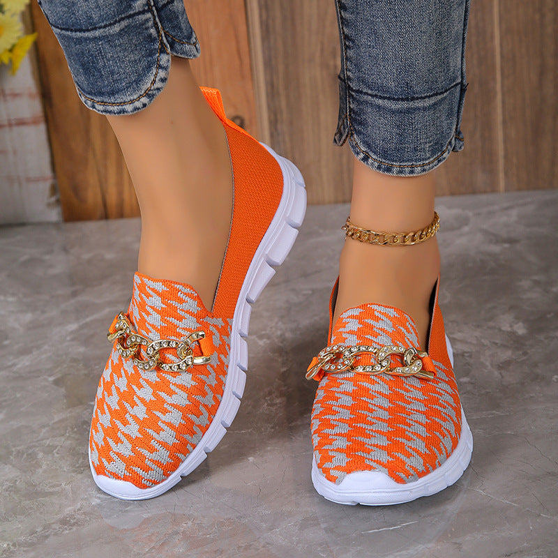 Lässige Hahnentrittmuster-Ketten-Mesh-Schuhe Sommer-Wandersport-Flachschuhe Damen Atmungsaktive Slipper