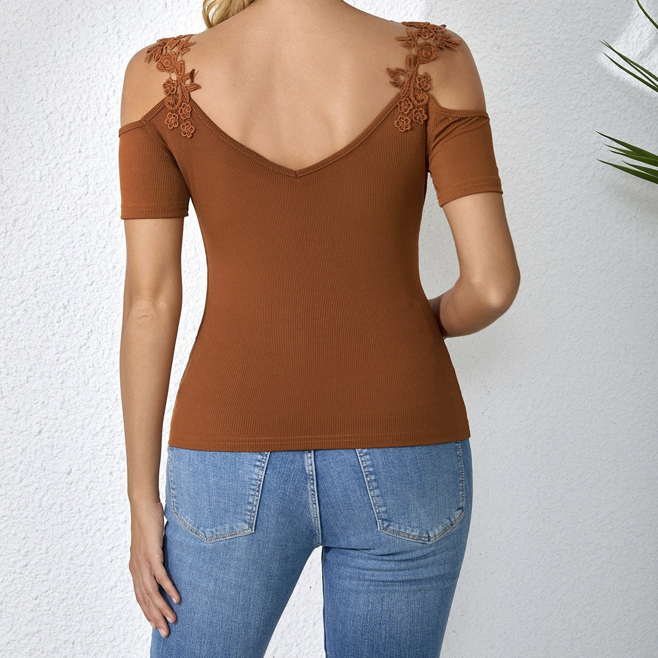 Ladies' Light V-neck Fashionable Casual Solid Color Lace Patchwork T-shirt Top