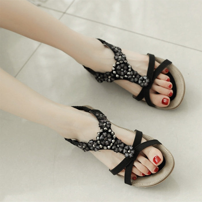 Sandalen Damen Bohemian Blumen Strass Flats Strandschuhe