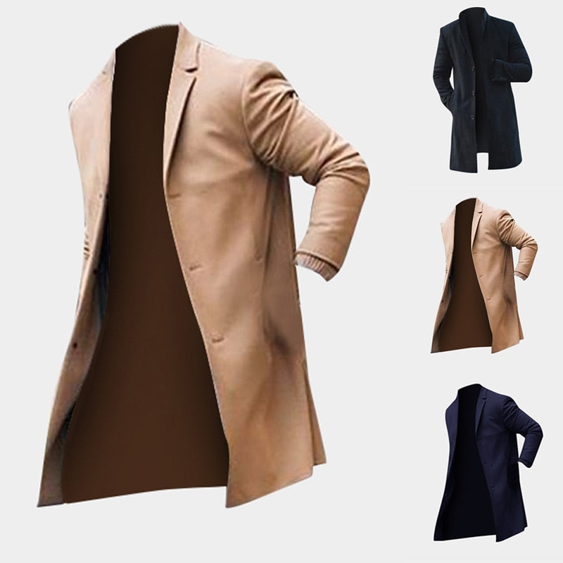 Herren Trenchcoat Winter Lang Jacken Mäntel Übermantel Klassische Jacken Einfarbig Slim Fit Oberbekleidung Hombre Herrenkleidung Khaki Schwarz