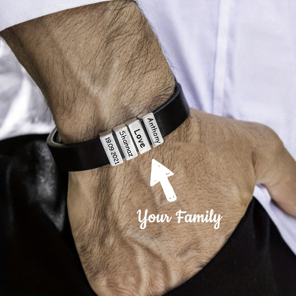 Customized Family Names Bracelet For Men Personalized Engraved Stainless Steel Beads Leather Bracelets Bangle Father's Day Gifts