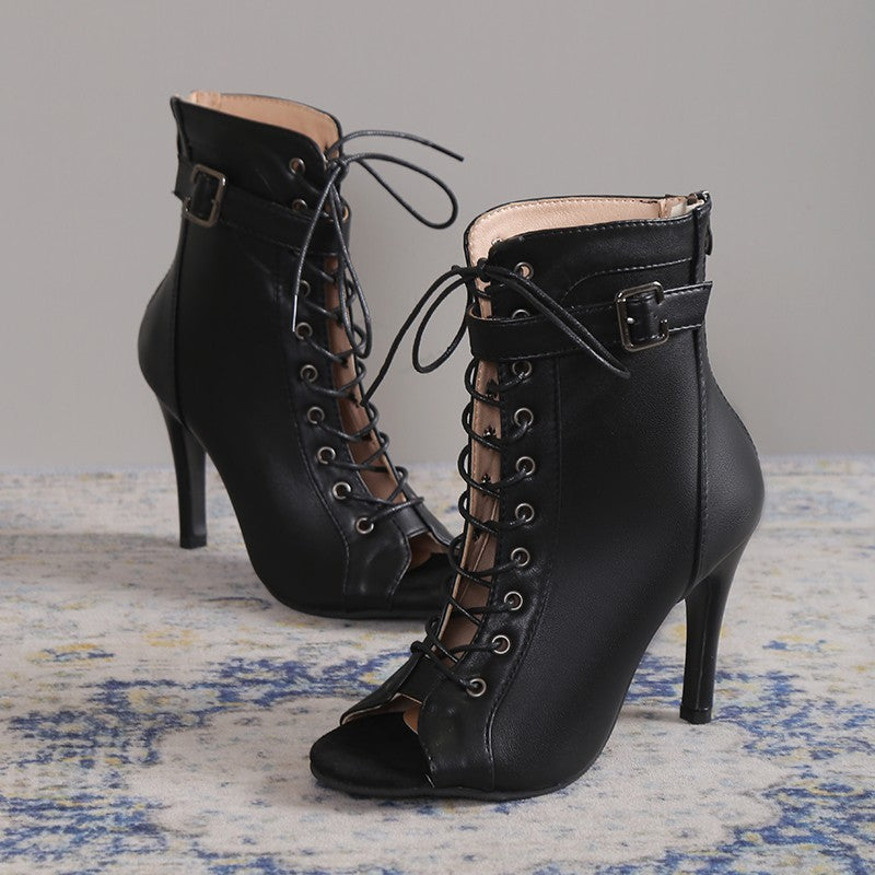 Damen Peep Toe High Heel Pumps Schuhe Modische Sandalen mit Schnürung und Schnalle und Reißverschluss hinten