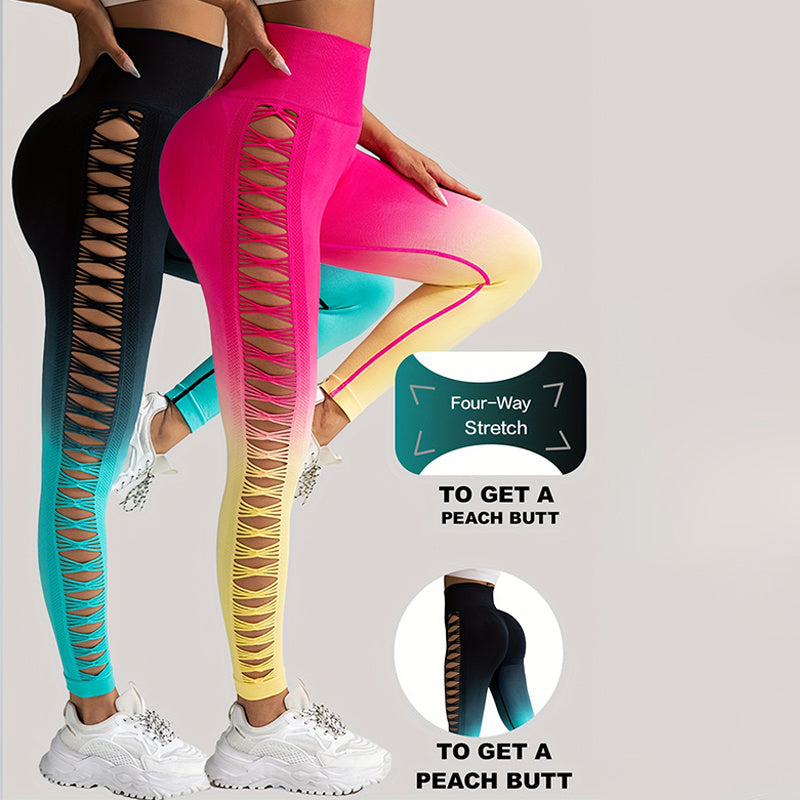 2er-Pack ausgeschnittene Ombre-Farbverlaufsfarben, hohle, hoch taillierte Po-Lifting-Fitness-Yogahosen für Damen, hoch taillierte Yogahosen für Damen mit Aussparungen, zerrissen, superweich und bequem, schmal