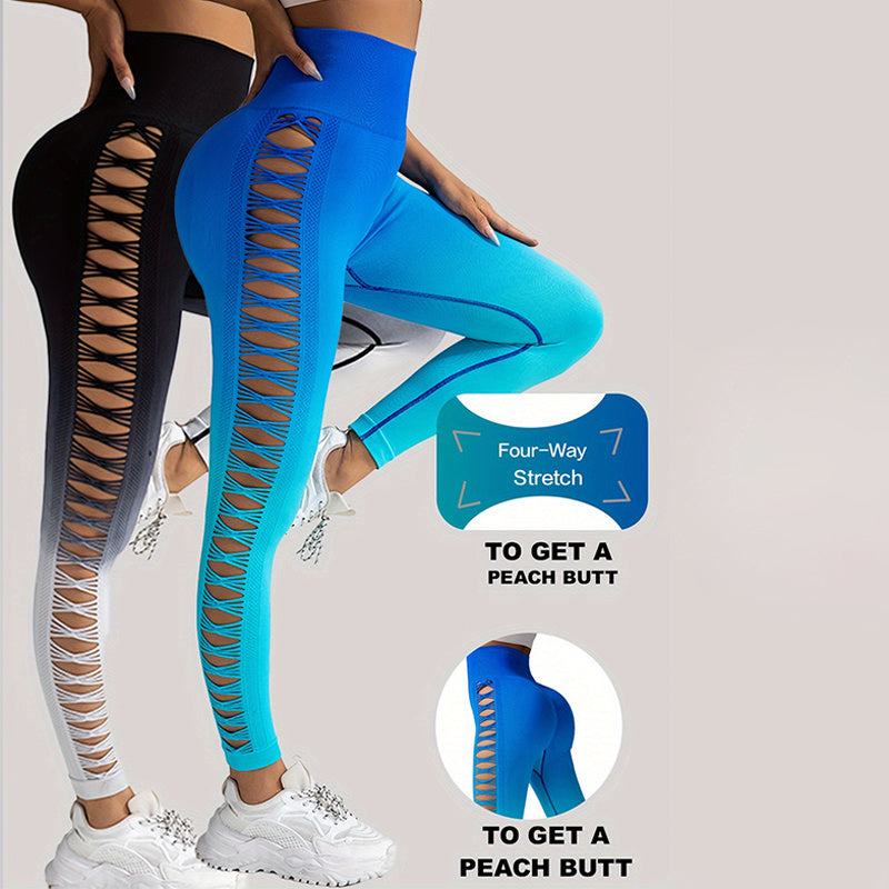 2er-Pack ausgeschnittene Ombre-Farbverlaufsfarben, hohle, hoch taillierte Po-Lifting-Fitness-Yogahosen für Damen, hoch taillierte Yogahosen für Damen mit Aussparungen, zerrissen, superweich und bequem, schmal