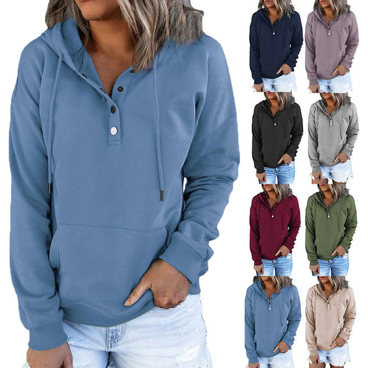 Langärmliges Kapuzen-Sweatshirt mit Taschen, modisches, lässiges Kapuzenoberteil mit Knopfleiste und Kordelzug, Frühlings- und Herbst-Sportbekleidung für Damen