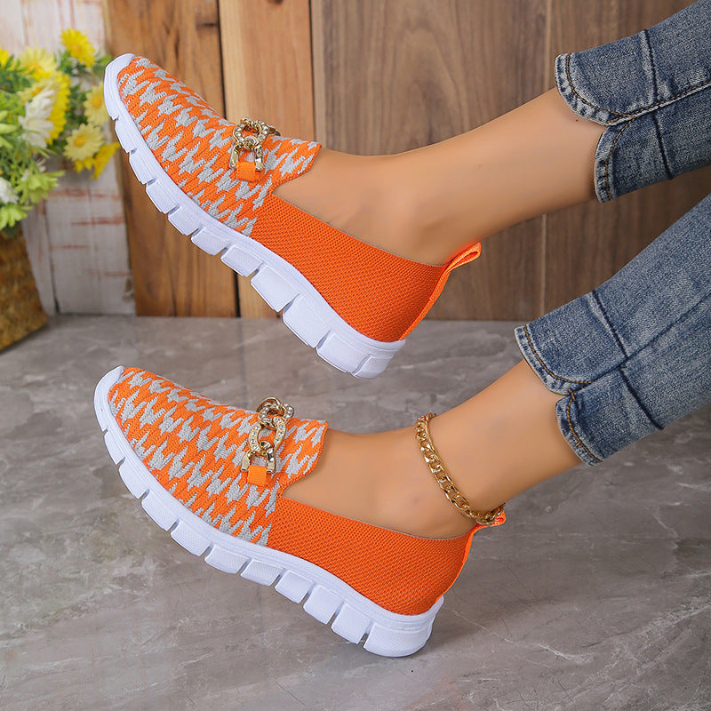 Lässige Hahnentrittmuster-Ketten-Mesh-Schuhe Sommer-Wandersport-Flachschuhe Damen Atmungsaktive Slipper