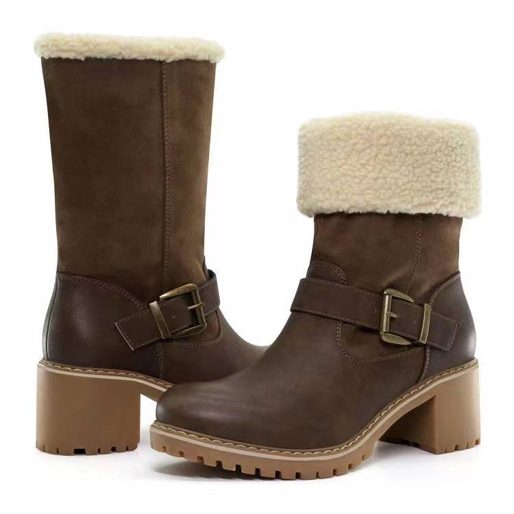 Modische Stiefel mit Schnalle, klobigen Absätzen, warmen Winterstiefeln mit runder Spitze, Westernstiefel für Damen