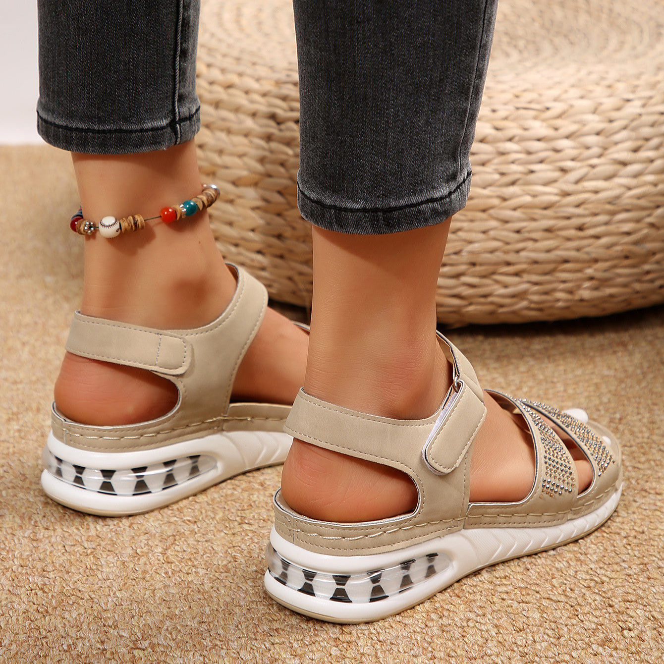 Sandales compensées d'été à strass pour femmes, chaussures de sport décontractées à coussin d'air, chaussures de plage, sandales romaines