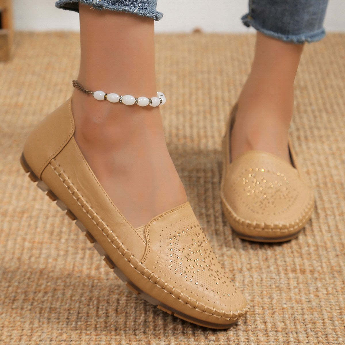 Chaussures décontractées pour femmes, cousues à la main, couleur unie, Gommino