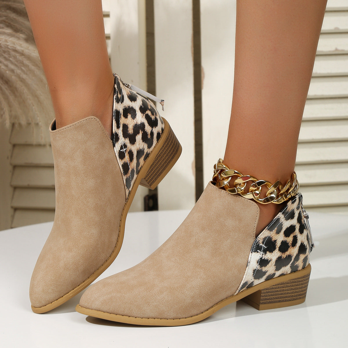Mode Leopard Print Stiefel Frauen Spitzschuh Blockabsatz Zurück Reißverschluss Schuhe