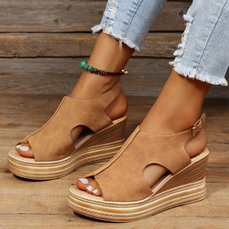 Peep Toe Sandalen Frauen Keilabsatz Plattform Schnalle Schuhe Sommer