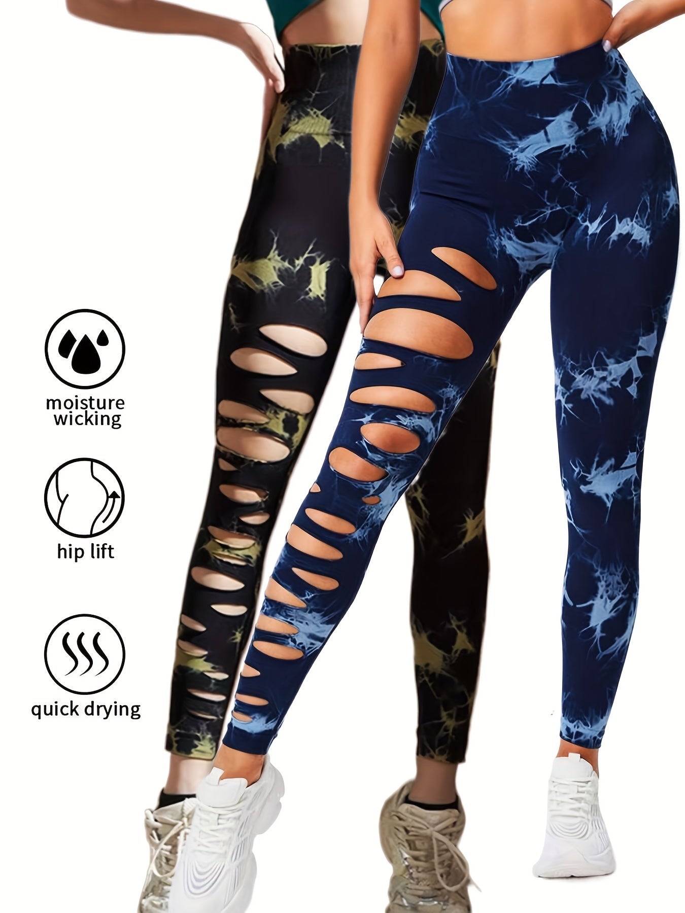 2er-Pack hohle, sexy, hochelastische Damen-Strumpfhosen mit Batikmuster und Ausschnitten, hohe Taille, Workout-Yoga-Leggings, elastische Scrunch-Po-Lifting-Hose, Bauchkontrolle, Po-Lifting, Workout-Yoga-Sporthose