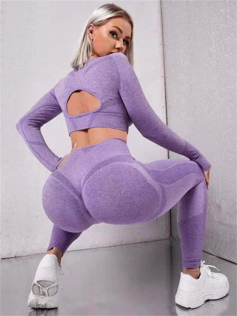 2 pièces Ensembles de sport hauts à manches longues creux et leggings de fitness sans couture taille haute gainante, vêtements de sport pour la gym