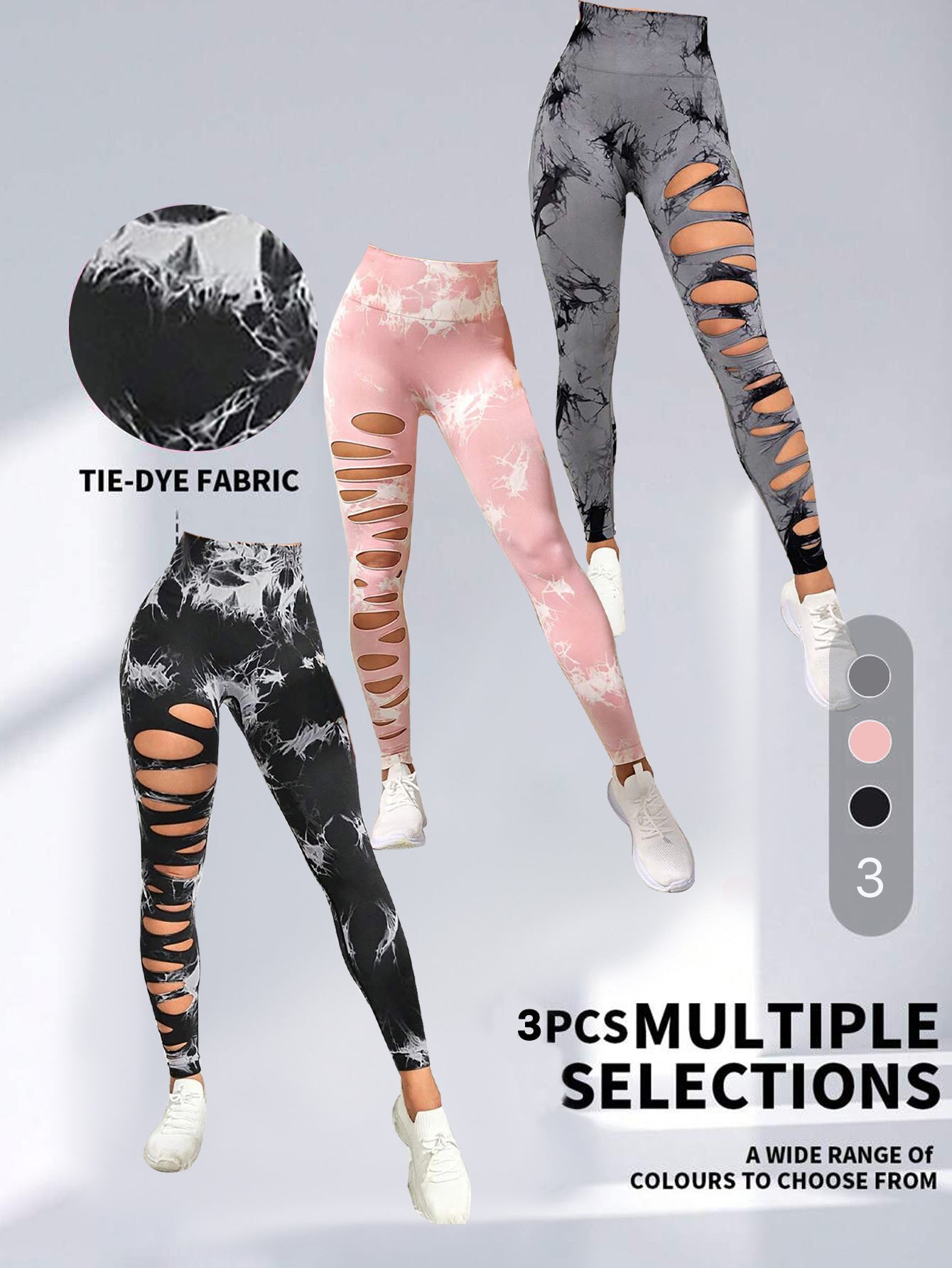 3er-Pack Damen-Strumpfhosen mit Batikmuster und Cutout, hohe Taille, Workout-Yoga-Leggings, elastische Scrunch-Po-Lifting-Hose, Yoga-Hose mit hoher Taille und Cutout, zerrissene Bauchkontrolle, Workout, Laufen, Yoga, Skinny-Leggings