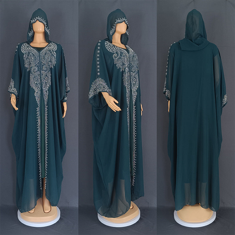 Stylish Rhinestone Beaded Muslim Long Gown African Hooded Dress for E