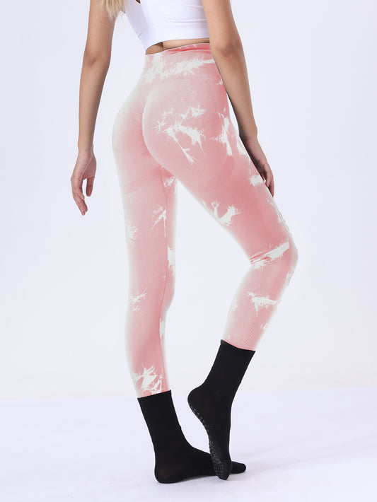 Po-Lifting-Yoga-Fitness-Sporthose, ausgehöhlte Bauchkontrolle-Sport-Leggings mit Batikmuster, Laufhose