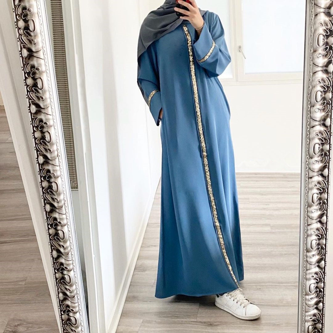 Stylish Muslim Women'S Wear Robe Stitching Trim Sequins Dress for Eve
