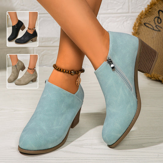Stiefeletten mit klobigem Absatz und runder Spitze und seitlichem Reißverschluss-Design, modische kurze Stiefel für Damen im Herbst und Winter