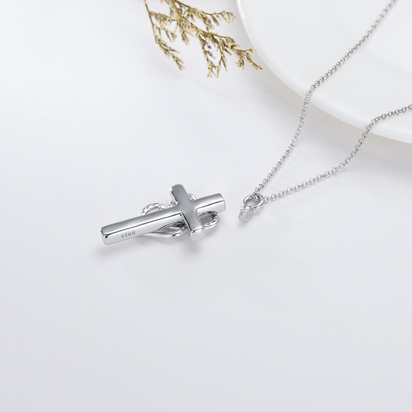 Elegant 925 Sterling Silver Cross Urn Necklace For Ashes Heart Memori