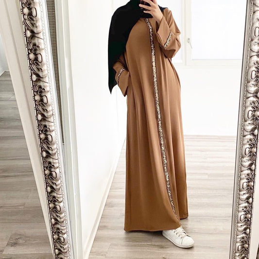 Stylish Muslim Women'S Wear Robe Stitching Trim Sequins Dress for Eve