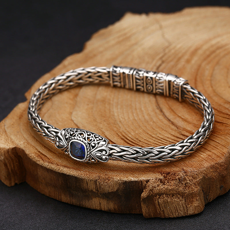 Bracelet en argent sterling 925 tissé à la main avec zircon bleu