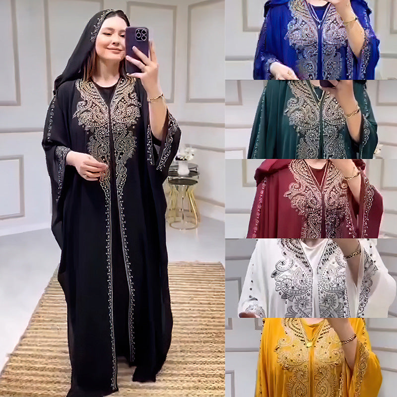Stylish Rhinestone Beaded Muslim Long Gown African Hooded Dress for E