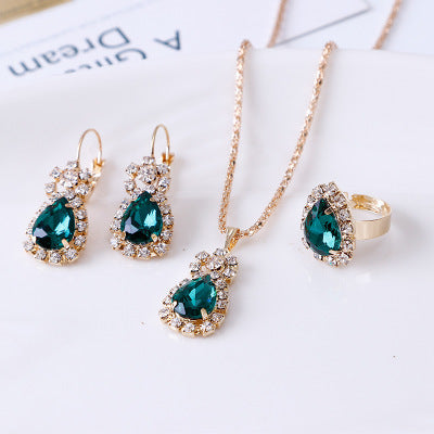 Wassertropfen Strass Halskette Ohrringe Ring Set