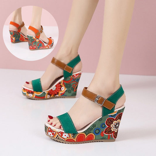 Mode Blumen bestickt High Wedge Sandalen für Frauen Sommer Zehen Plattform Schnalle Schuhe
