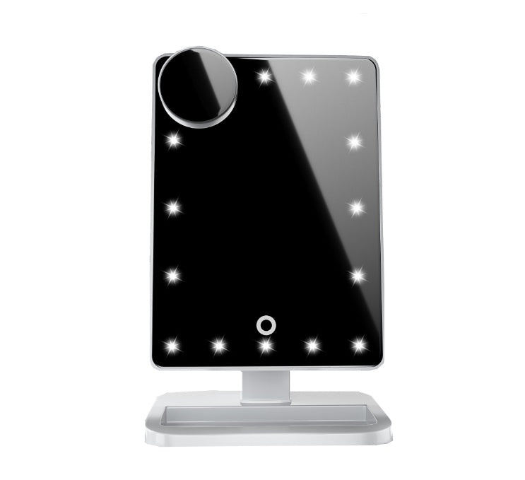 Kosmetikspiegel mit Touchscreen, 20 LED-Lichtern, Bluetooth-Musiklautsprecher, 10-facher Vergrößerungsspiegel und Beleuchtung