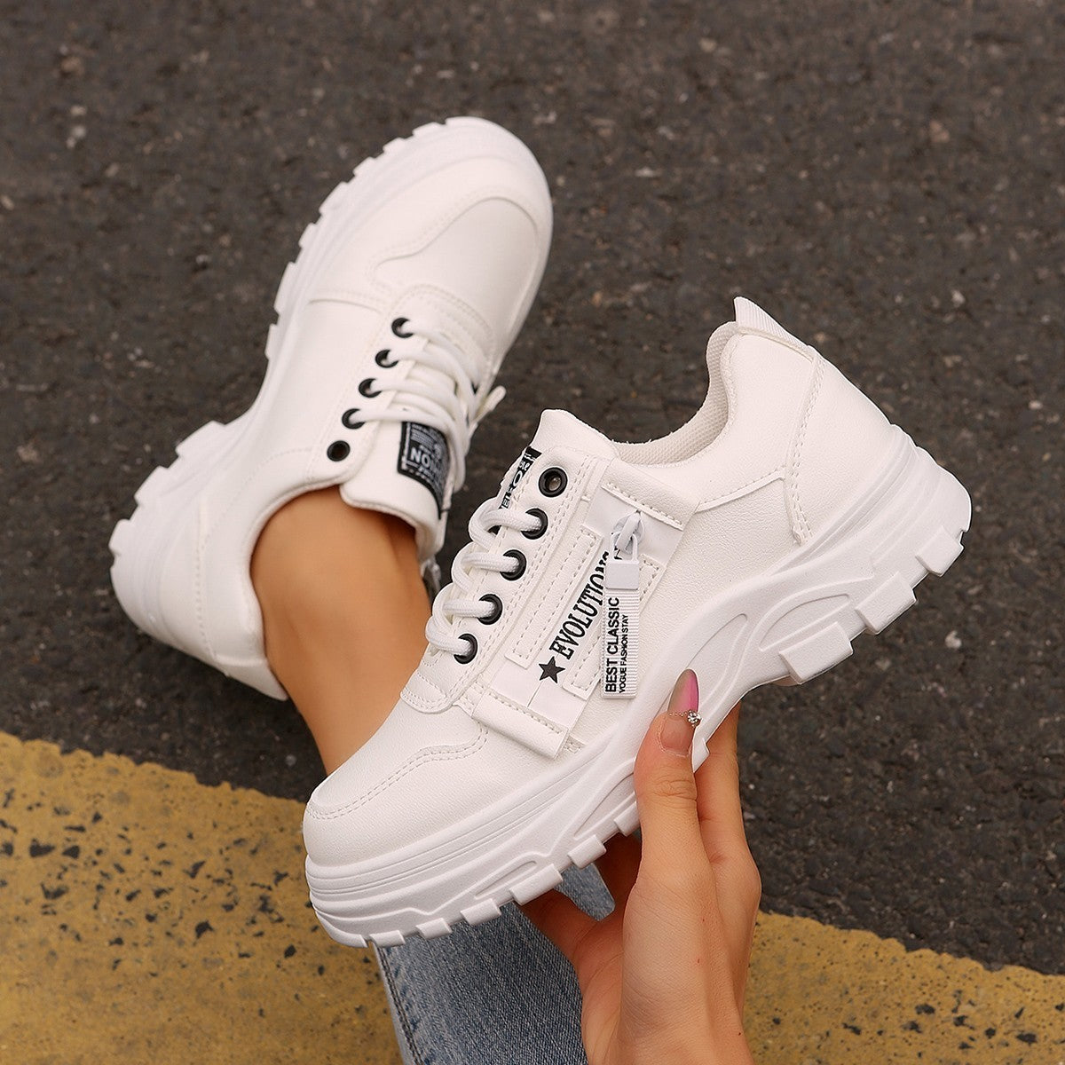 Sportschuhe zum Schnüren mit seitlichem Reißverschluss-Design, modische Freizeitschuhe mit runder Spitze und dicker Sohle für Damen-Sneaker