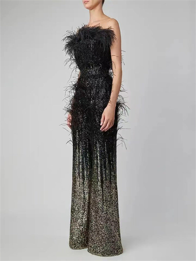 Stylish Ostrich Feather Gradient Sequin Tube Top Jumpsuit for Everyda