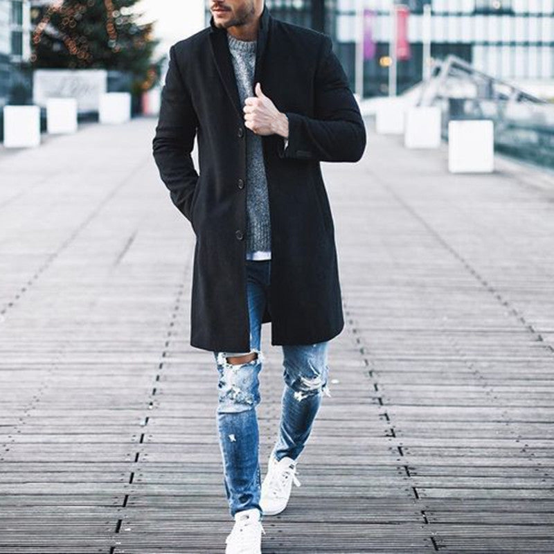 Herren Trenchcoat Winter Lang Jacken Mäntel Übermantel Klassische Jacken Einfarbig Slim Fit Oberbekleidung Hombre Herrenkleidung Khaki Schwarz