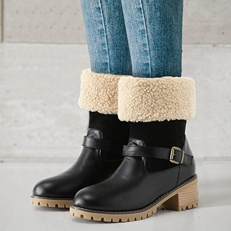 Modische Stiefel mit Schnalle, klobigen Absätzen, warmen Winterstiefeln mit runder Spitze, Westernstiefel für Damen