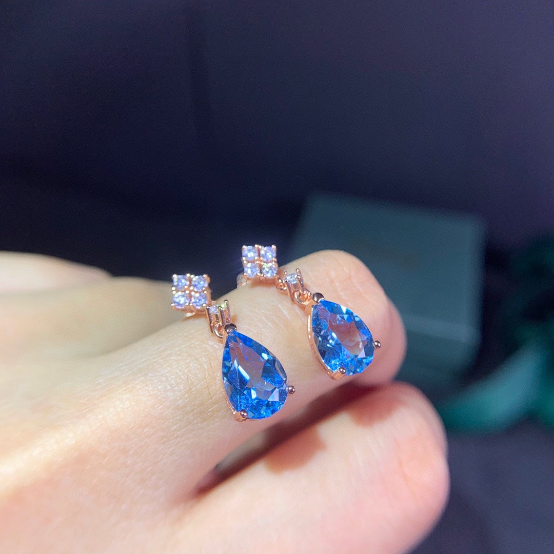 Boucles d'oreilles femme en topaze bleue naturelle