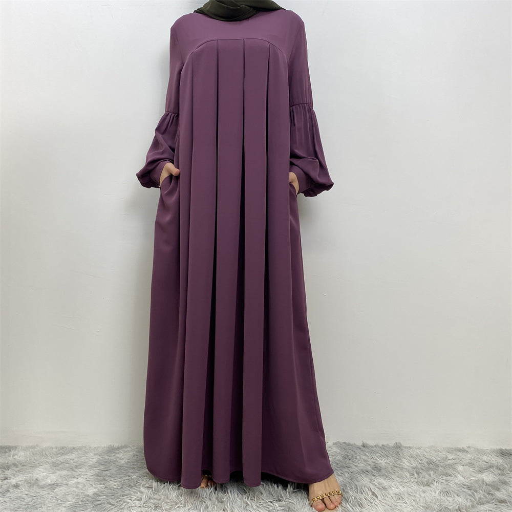 Robe musulmane plissée unie à col rond