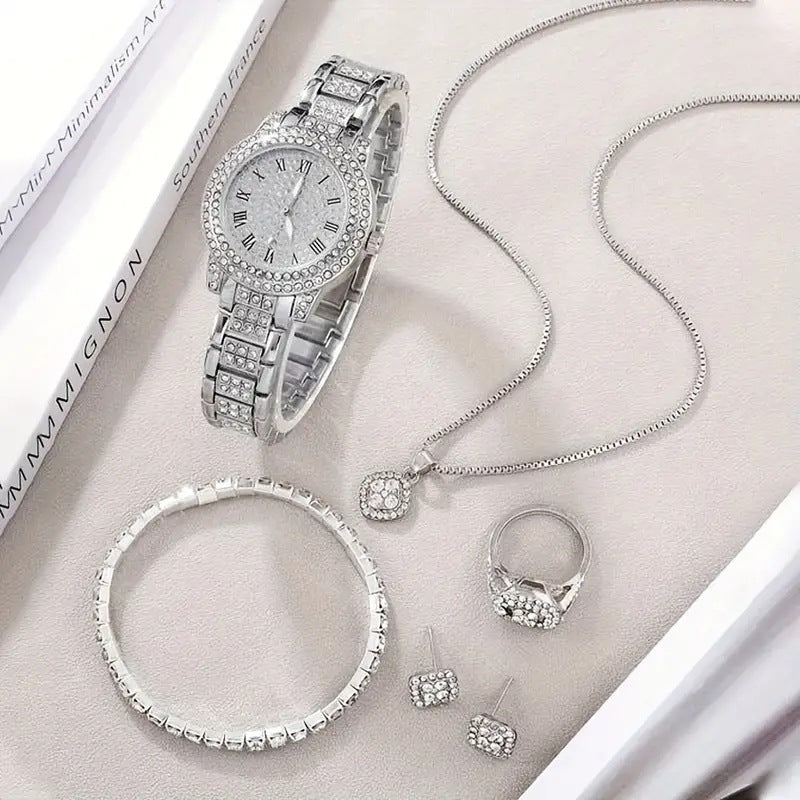 Damen Diamant Mode römische Quarzuhr fünfteiliges Set