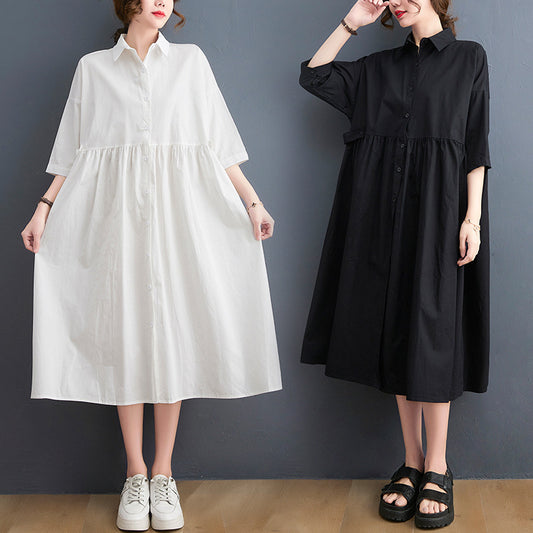 Neu Einfarbig Beiläufige Lose Große Größe Kurzarm Kleid Frauen