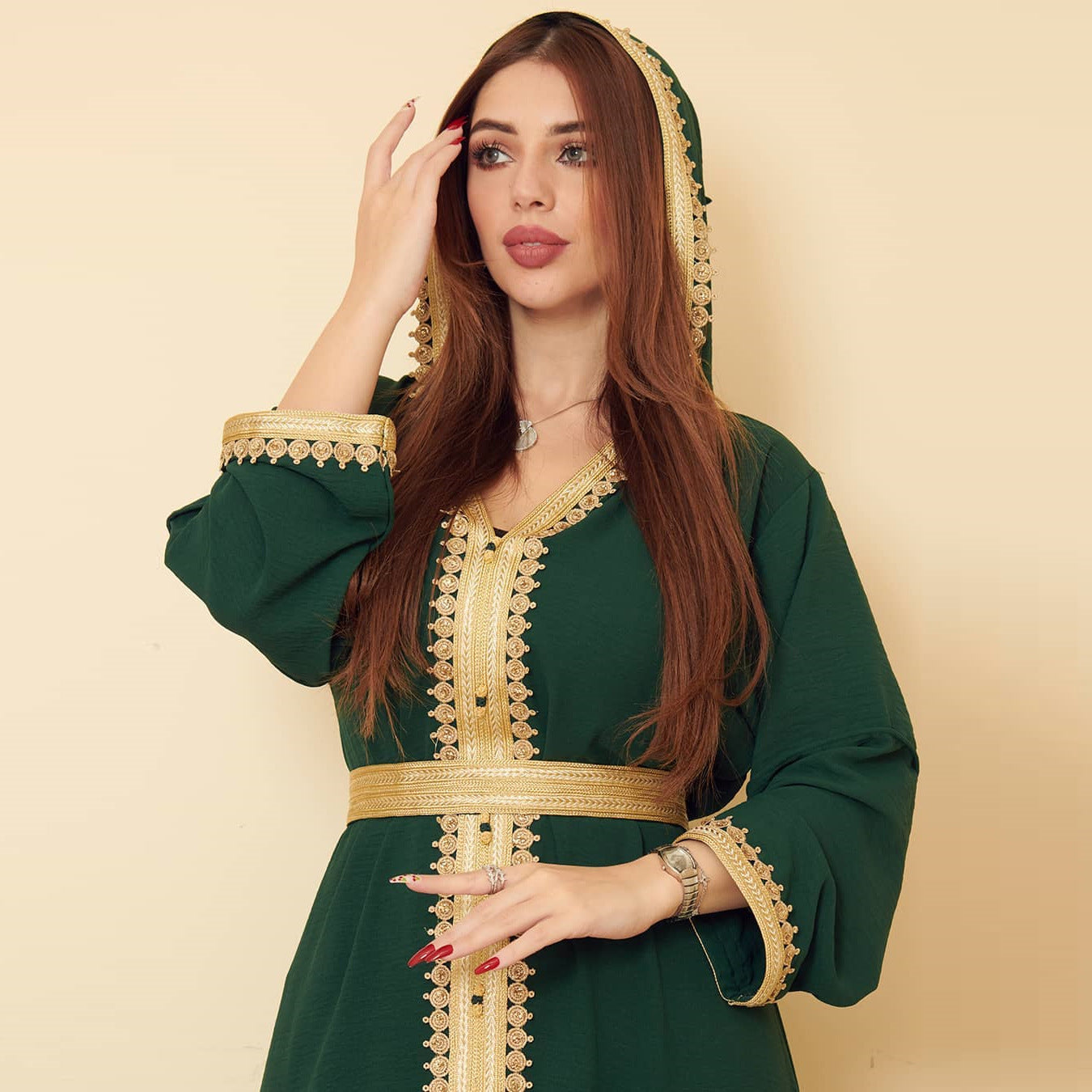 Stylish Linen Green Muslim Saudi Arabian Hooded Women'S Swing Dress f