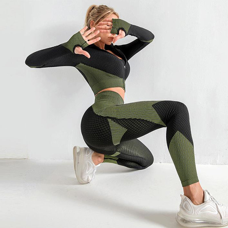 Ensemble de yoga 3 pièces sans couture pour femme - Leggings, haut court et soutien-gorge de sport - Tenue de fitness pour femme - Survêtement