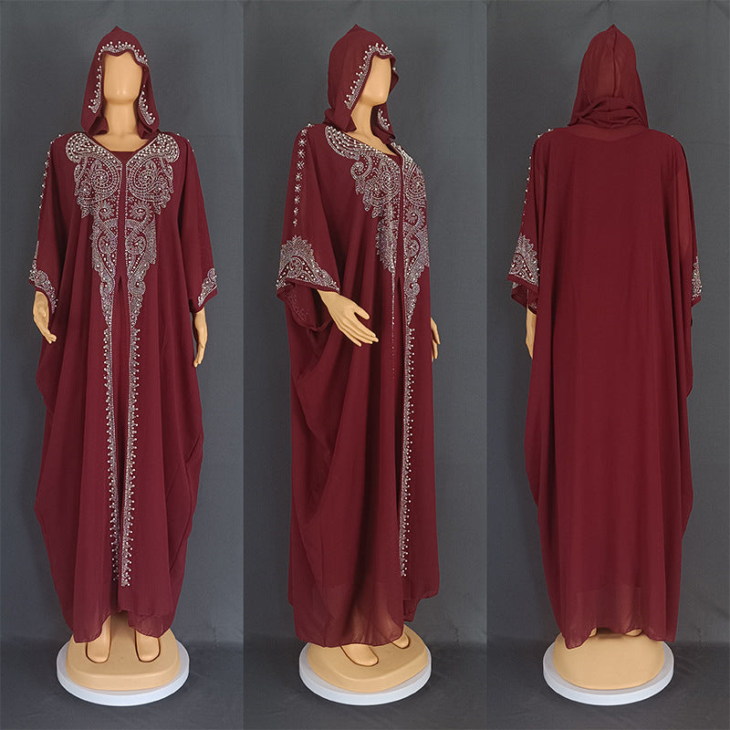Stylish Rhinestone Beaded Muslim Long Gown African Hooded Dress for E