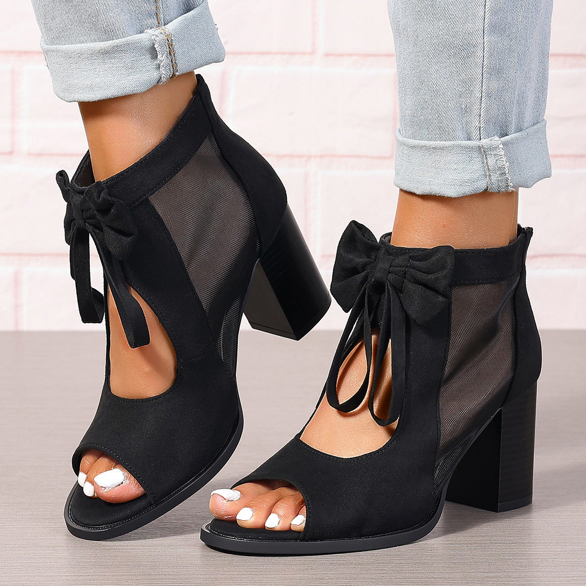 Plateau-Sandalen mit klobigen High Heels und Schleifendekoration, offener Zehenbereich, Blockabsatz, Knöchelriemen, Sandalen für Abendkleider, Brautpartys