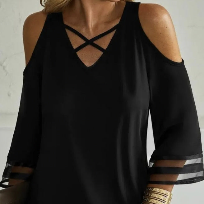 Damen T-Shirt mit einfarbigem Kragen und Kreuz-Design, schulterfrei, modisch, lässig, mittellang 