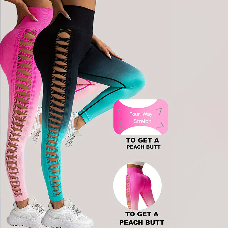 2er-Pack ausgeschnittene Ombre-Farbverlaufsfarben, hohle, hoch taillierte Po-Lifting-Fitness-Yogahosen für Damen, hoch taillierte Yogahosen für Damen mit Aussparungen, zerrissen, superweich und bequem, schmal
